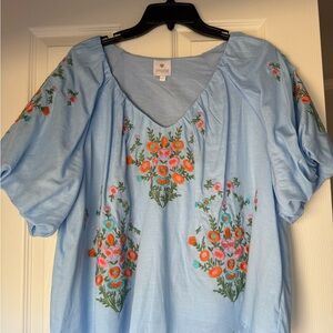 J. Marie NWT Light Blue Astrid Floral Embroidered V-Neck Top Size Large
